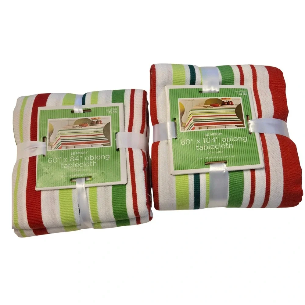 2 Christmas Stripe‎ Oblong Tablecloth Bundle 60x84 & 60x104 NWT